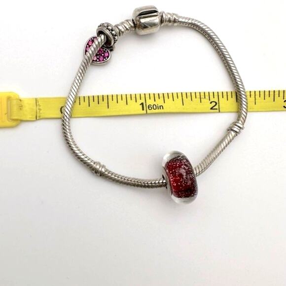 Pandora Sterling Silver Bracelet w/ Red Rhinestone Pave Heart Dangle Charm - Picture 7 of 8